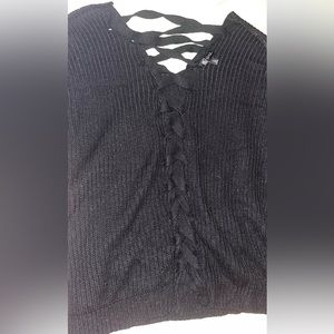 V Neck Black Lace Up Sweater